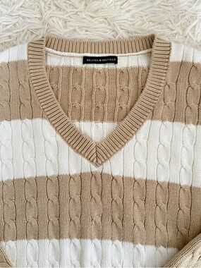 Brandy Melville Beige & White Striped Cable Knit V-Neck oversized Sweater
